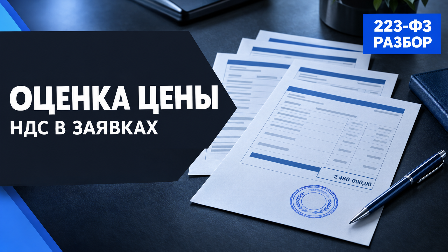 На синем фоне лежат документы с таблицами цен и суммой 2 480 000,00, рядом — ручка и круглая синяя печать. Заголовок: «Оценка цены. НДС в заявках», бейдж: «223-ФЗ. Разбор».