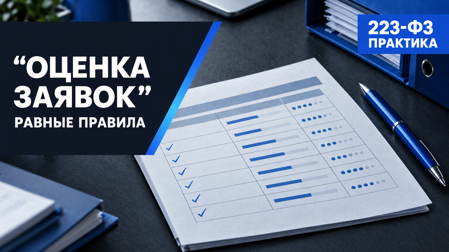 На фоне таблицы с отметками и баллами размещены заголовок «Оценка заявок», подзаголовок «Равные правила» и синий бейдж «223-ФЗ Практика».