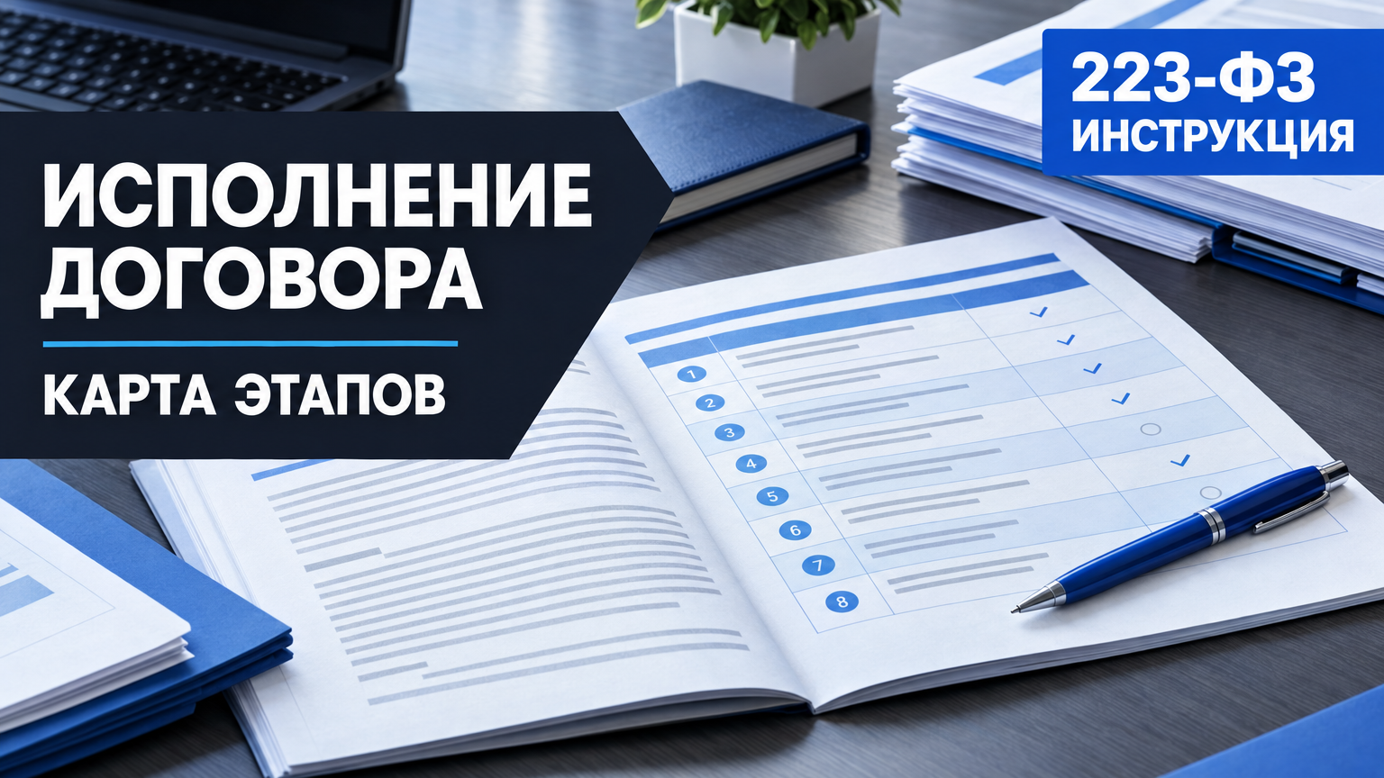 Обложка об исполнении договора по 223-ФЗ: на рабочем столе раскрыт документ с нумерованной таблицей этапов и отметками, рядом лежит синяя ручка. Слева заголовок «Исполнение договора» и подпись «Карта этапов», справа сверху — синий бейдж «223-ФЗ. Инструкция».