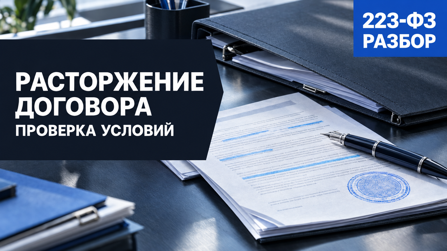 Обложка о расторжении договора по 223-ФЗ: на тёмном столе лежат документы с синей печатью, рядом — папка и ручка. На обложке размещены надписи «Расторжение договора», «Проверка условий» и синий бейдж «223-ФЗ — разбор».