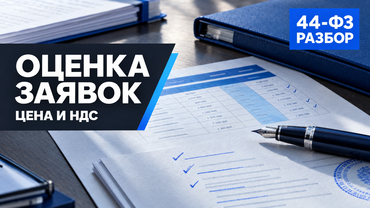 На столе лежат документы конкурса с таблицей сравнения цен, чек-листом и ручкой; рядом синий скоросшиватель. На обложке надписи «Оценка заявок», «Цена и НДС» и синий бейдж «44-ФЗ — разбор».